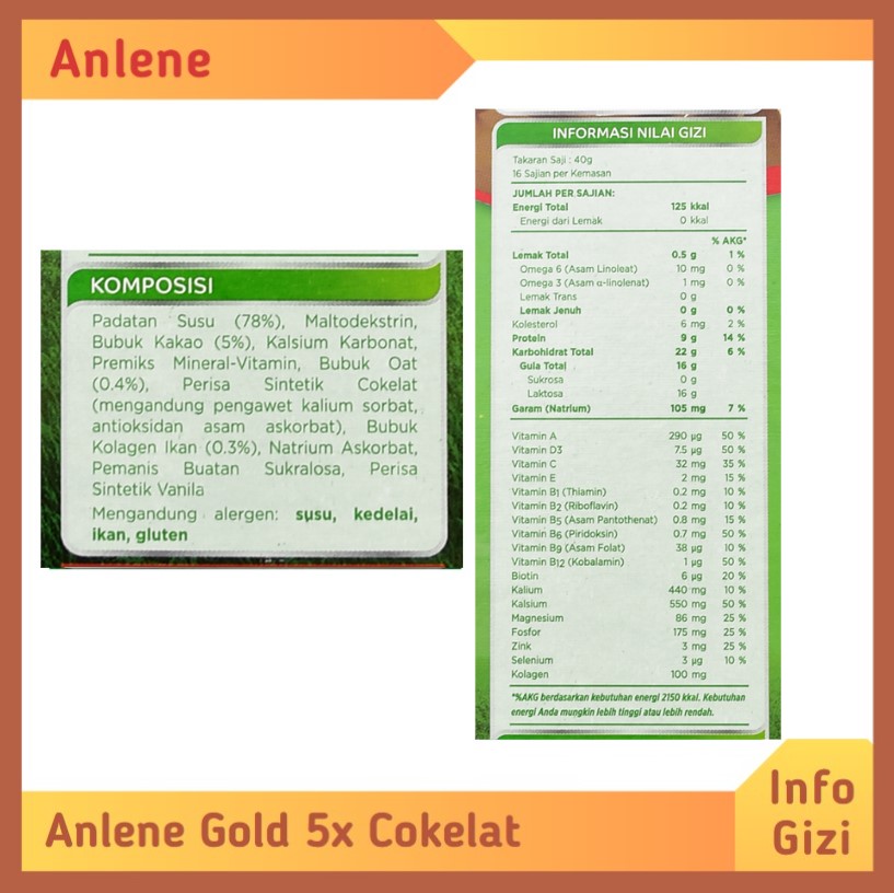Anlene Gold 5X Cokelat komposisi nilai gizi