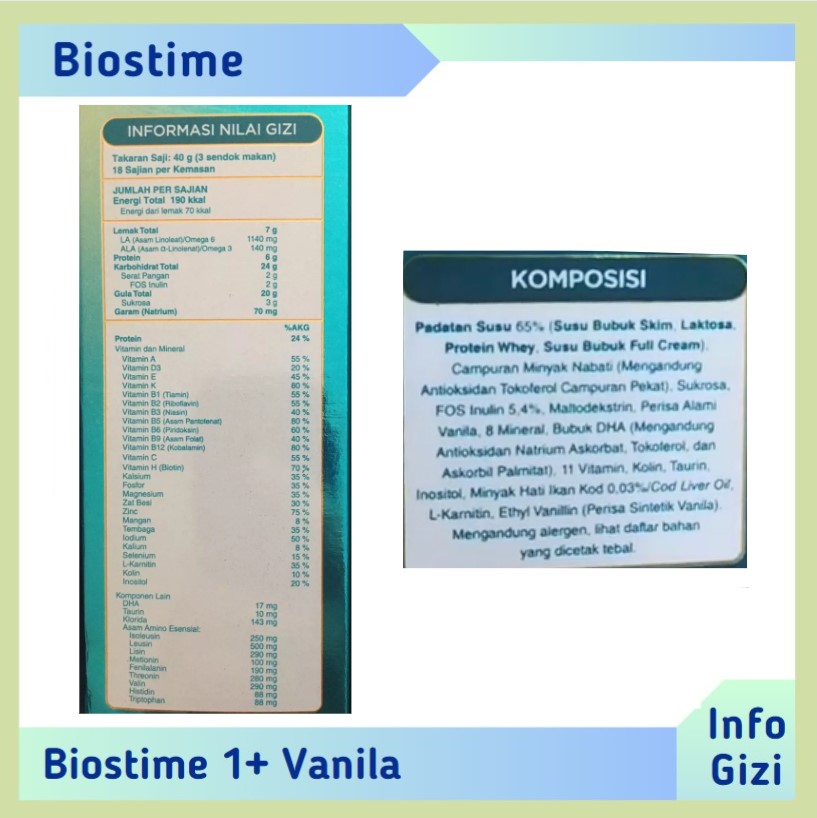 Biostime 1+ Vanila komposisi nilai gizi