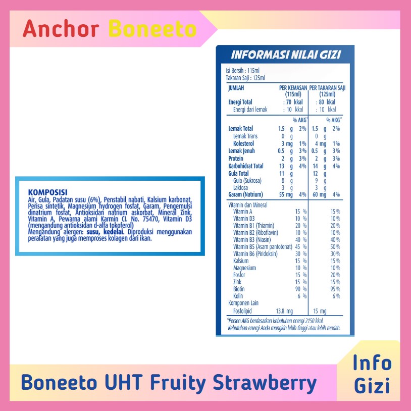 Boneeto UHT Fruity Strawberry komposisi nilai gizi