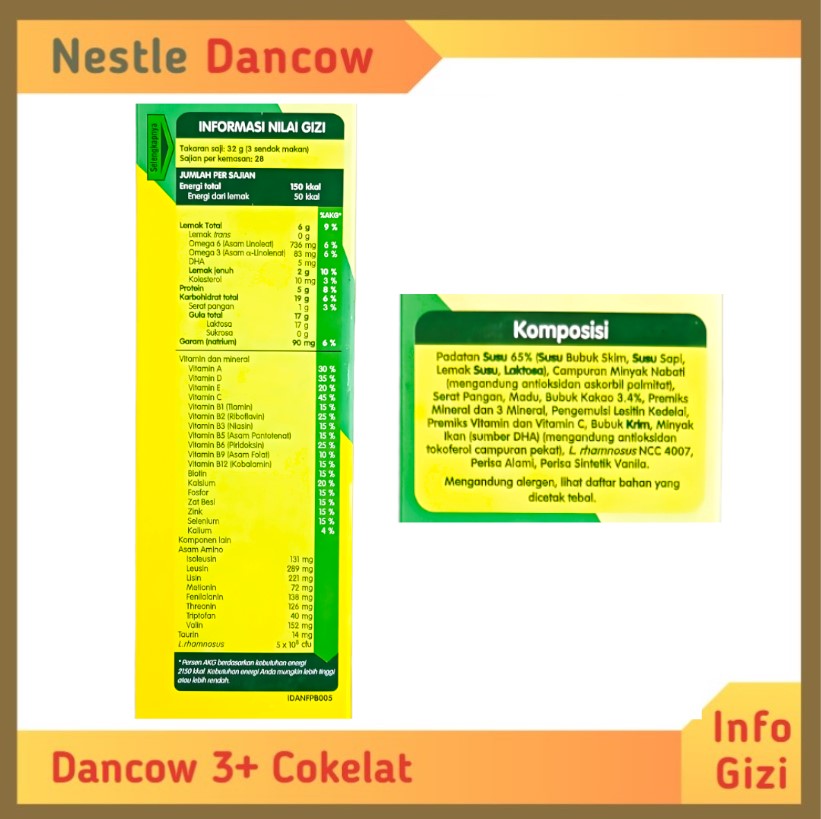 Dancow 3+ Imunutri Cokelat komposisi nilai gizi