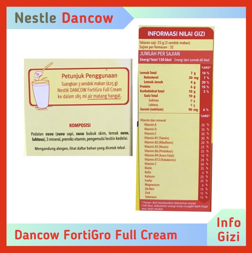 Dancow FortiGro Full Cream komposisi nilai gizi