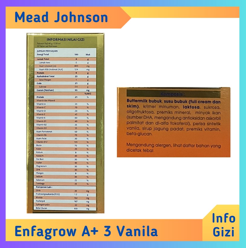 Enfagrow A+ 3 Vanila komposisi nilai gizi