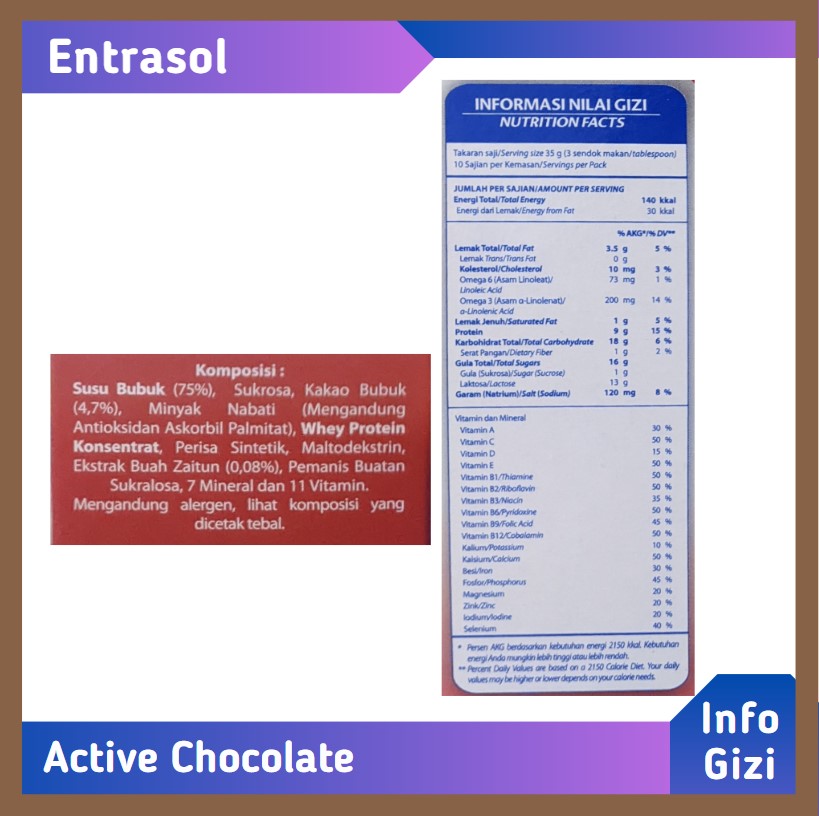 Entrasol Active Chocolate komposisi nilai gizi
