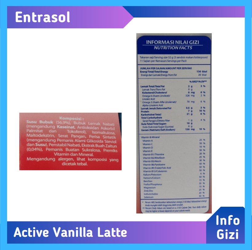 Entrasol Active Vanilla Latte komposisi nilai gizi