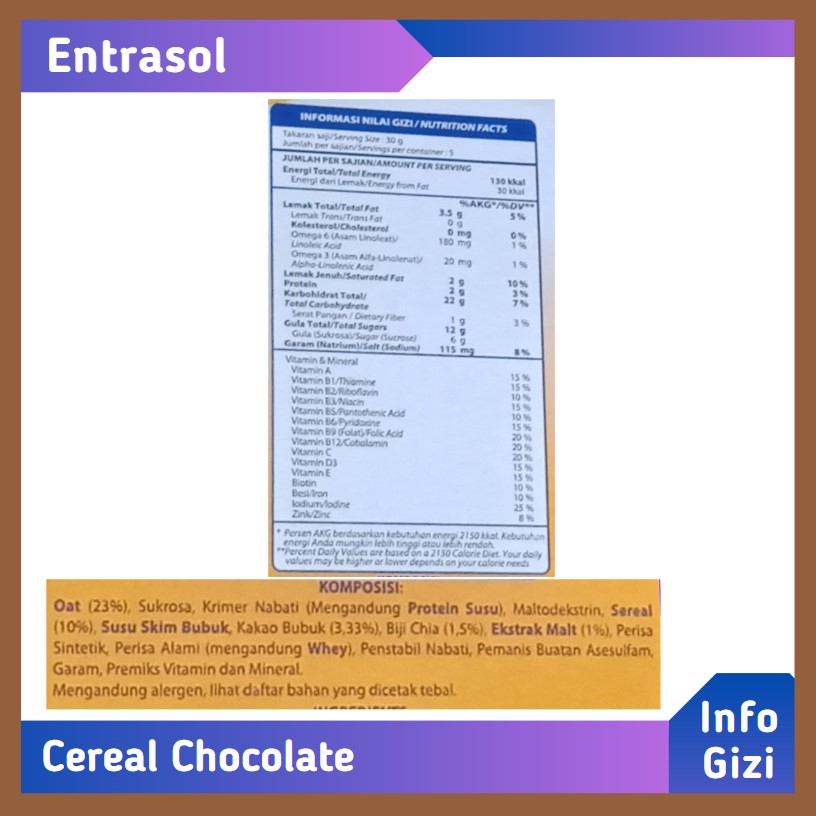 Entrasol Cereal Chocolate komposisi nilai gizi