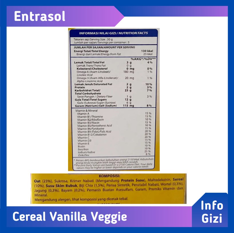 Entrasol Cereal Vanilla Veggie komposisi nilai gizi