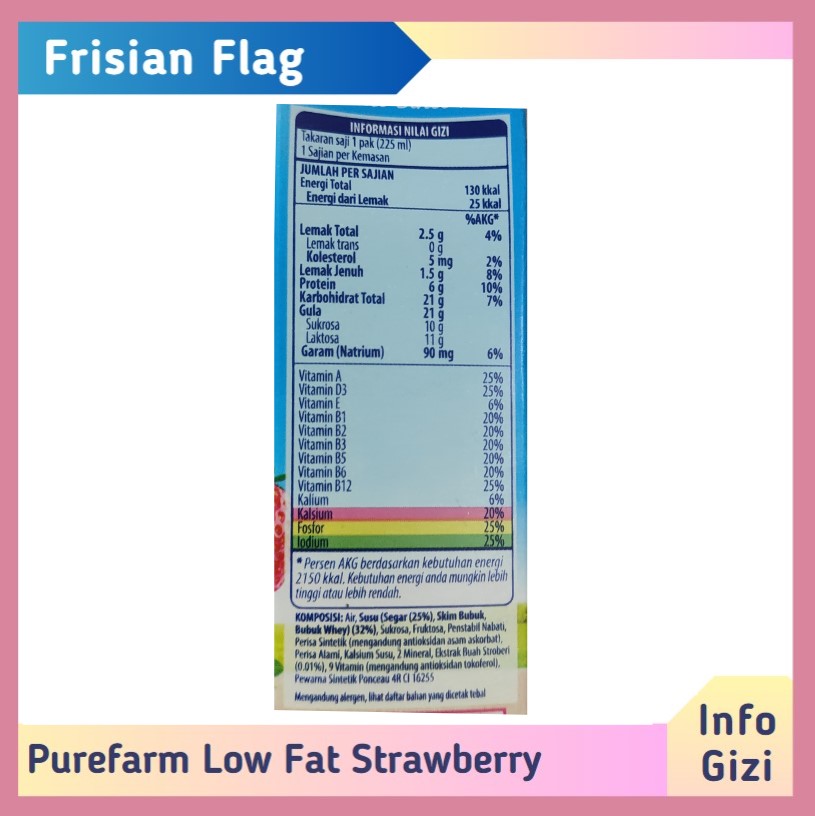 Frisian Flag PureFarm Low Fat Californian Strawberry komposisi nilai gizi