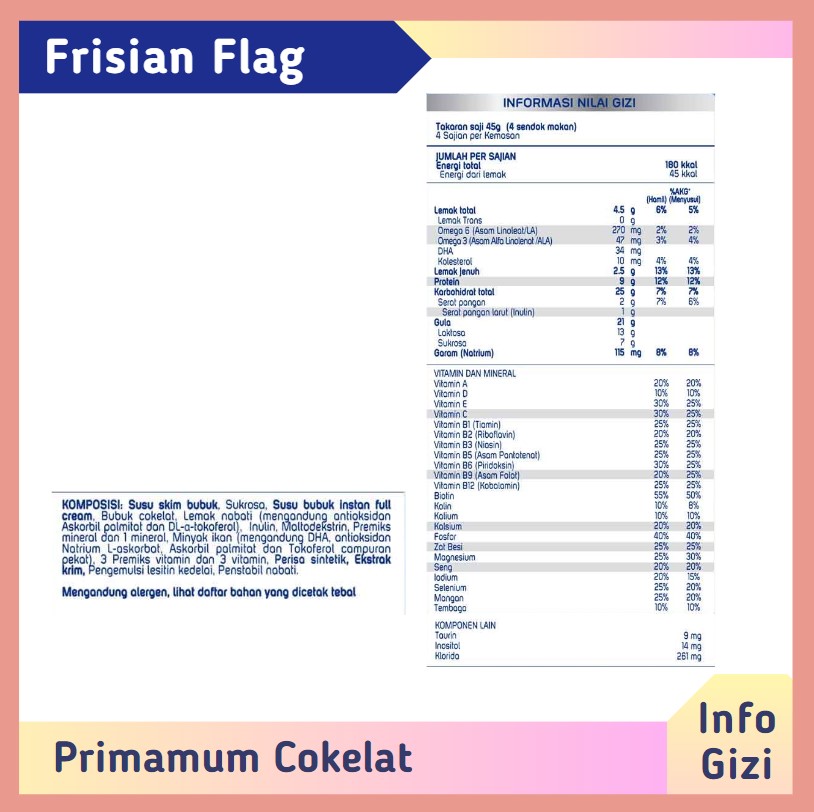 Frisian Flag Primamum cokelat komposisi nilai gizi