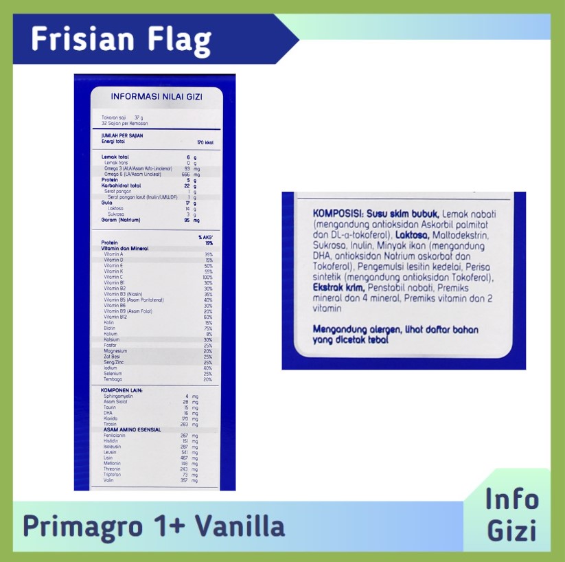 Frisian Flag Primagro 1+ Vanilla komposisi nilai gizi
