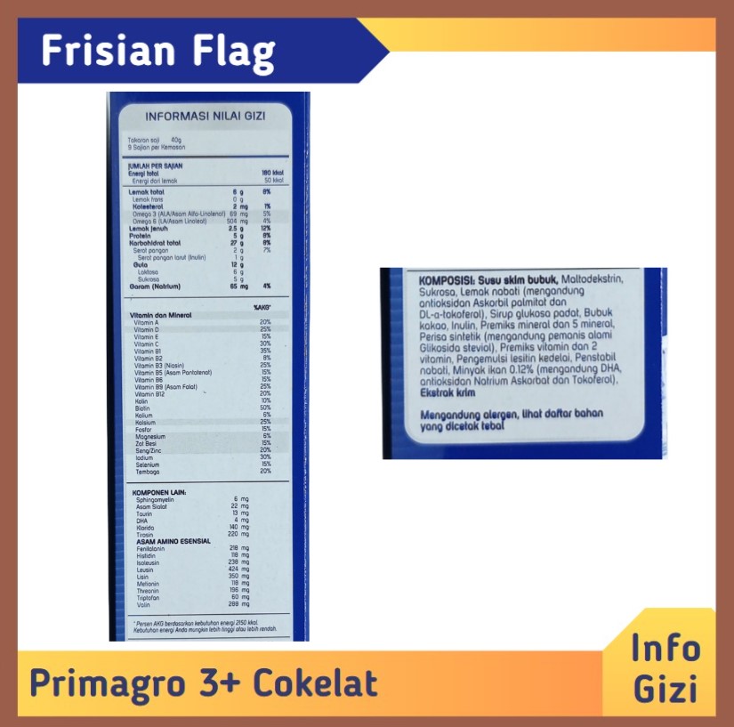 Frisian Flag Primagro 3+ Cokelat komposisi nilai gizi