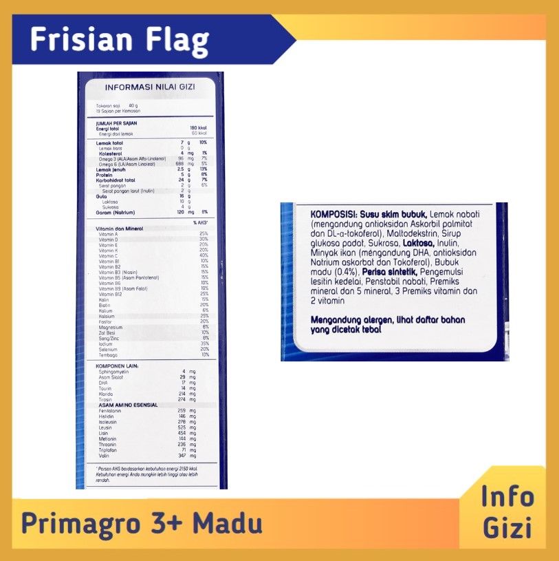 Frisian Flag Primagro 3+ Madu komposisi nilai gizi