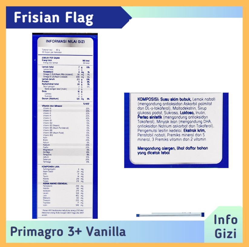 Frisian Flag Primagro 3+ Vanilla komposisi nilai gizi
