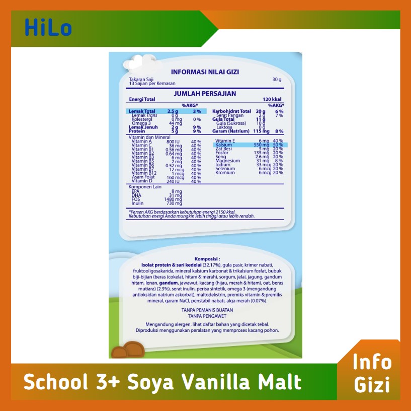 HiLo School 3+ Soya Vanilla Malt komposisi nilai gizi