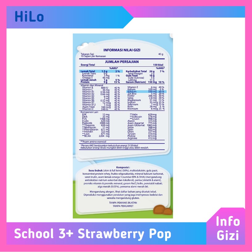 HiLo School 3+ Strawberry Pop komposisi nilai gizi