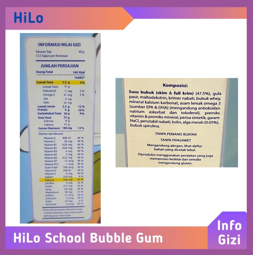 HiLo School Bubble Gum komposisi nilai gizi