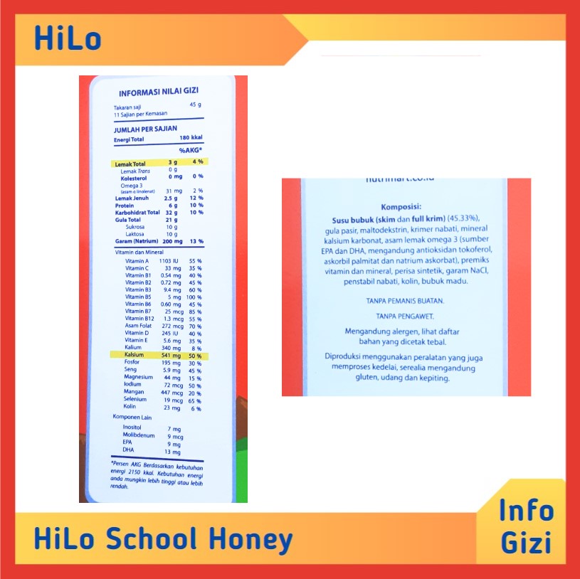 HiLo School Honey komposisi nilai gizi