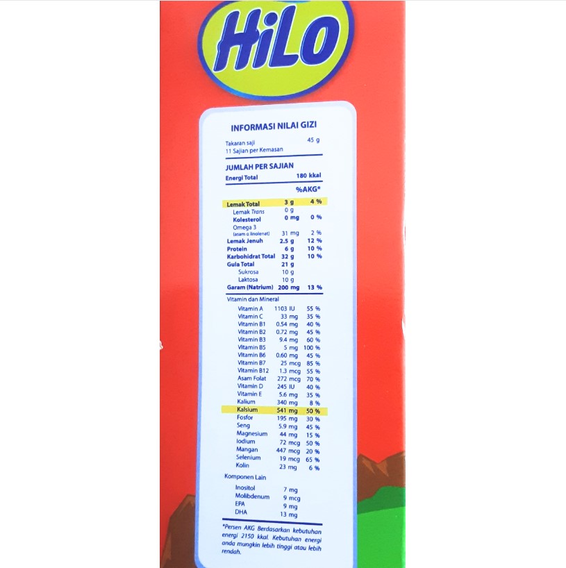 HiLo School Honey nilai gizi
