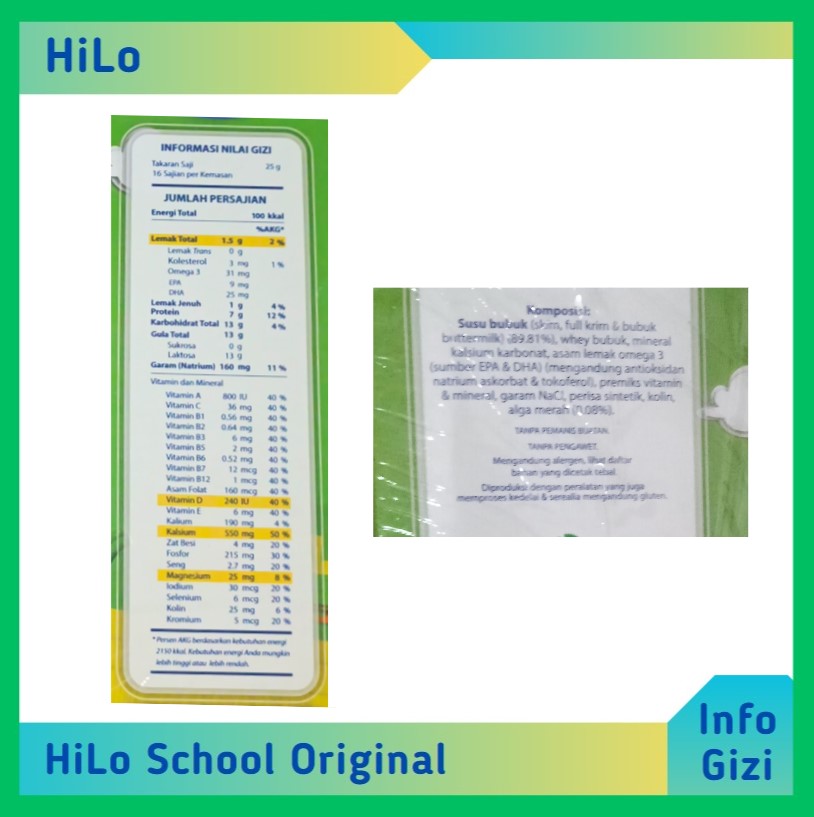 HiLo School Original komposisi nilai gizi