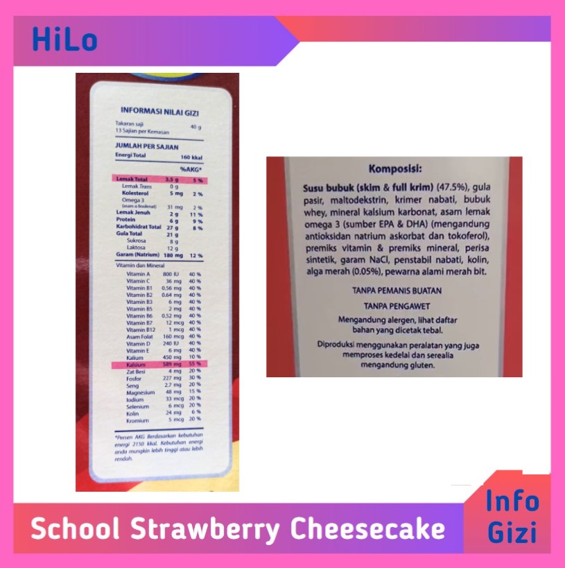HiLo School Strawberry Cheesecake komposisi nilai gizi