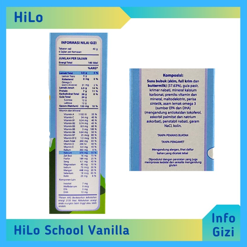 HiLo School Vanilla komposisi nilai gizi