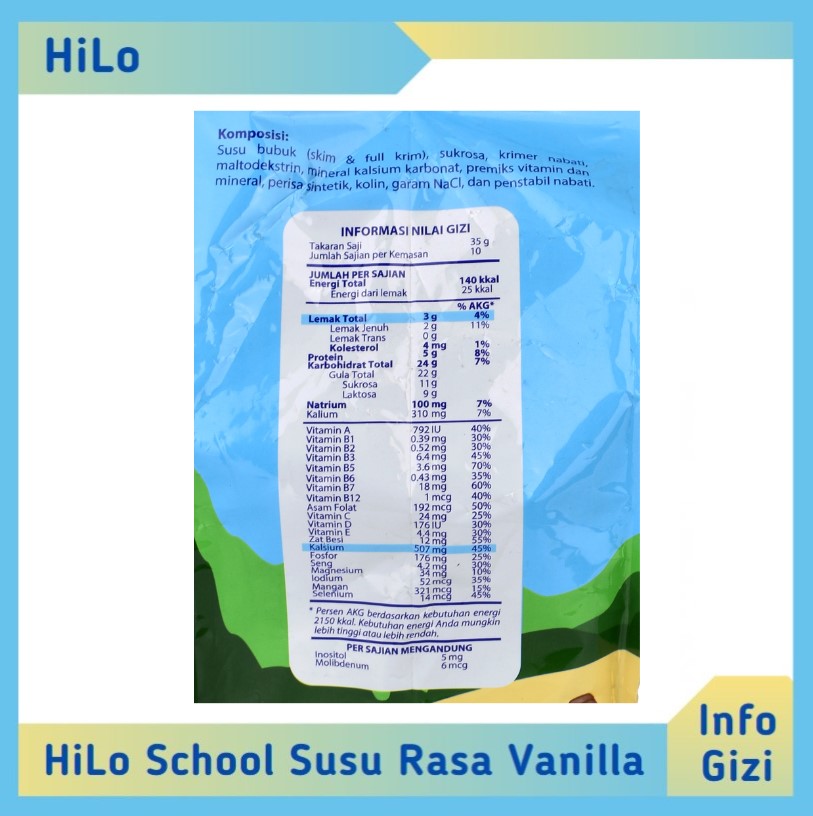 HiLo School Gusset Susu Rasa Vanilla komposisi nilai gizi