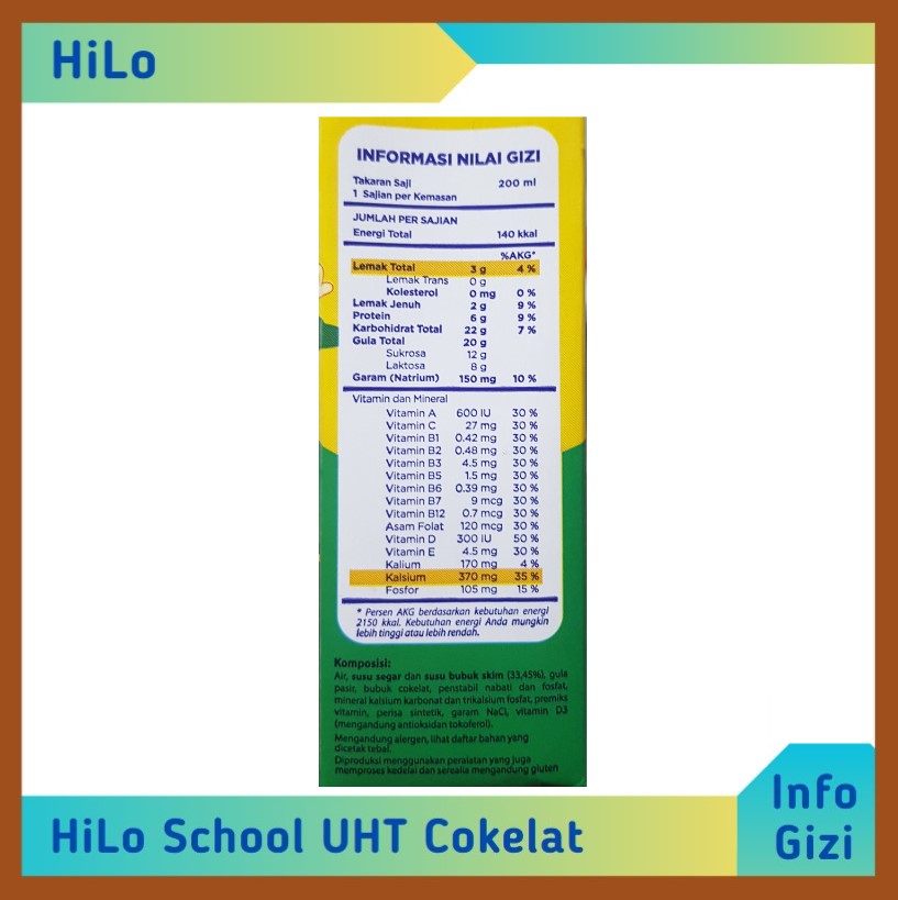 HiLo School UHT Cokelat komposisi nilai gizi