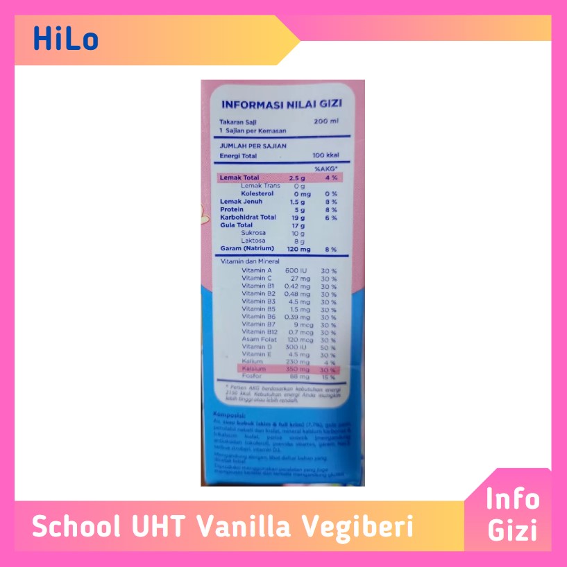 HiLo School UHT Vanilla Vegiberi komposisi nilai gizi