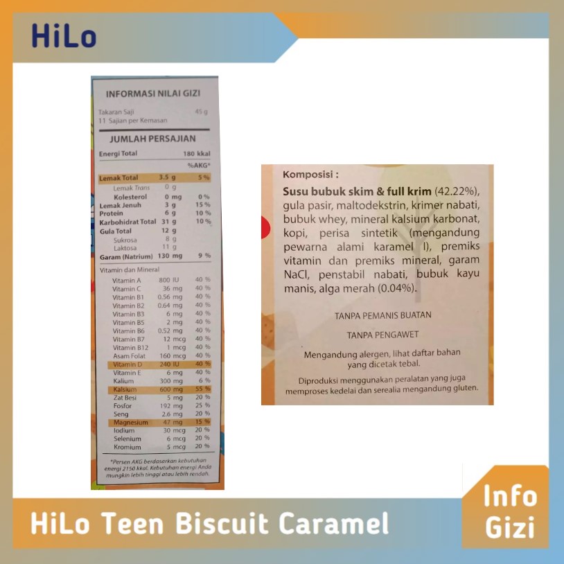 HiLo Teen Biscuit Caramel komposisi nilai gizi