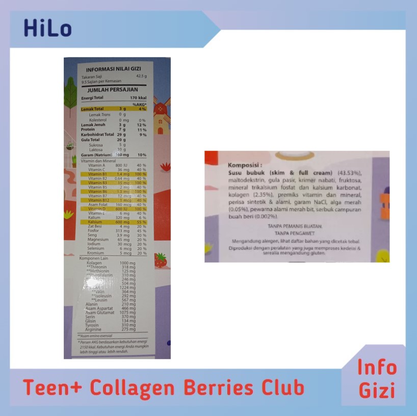 HiLo Teen Collagen Berries Club komposisi nilai gizi