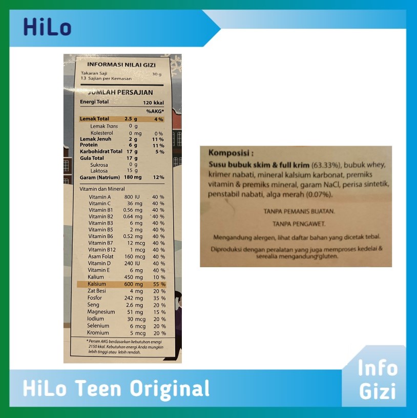 HiLo Teen Original komposisi nilai gizi