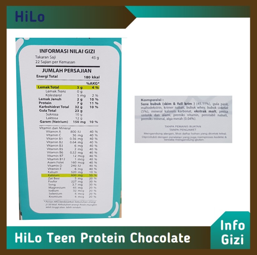 HiLo Teen Protein Chocolate komposisi nilai gizi