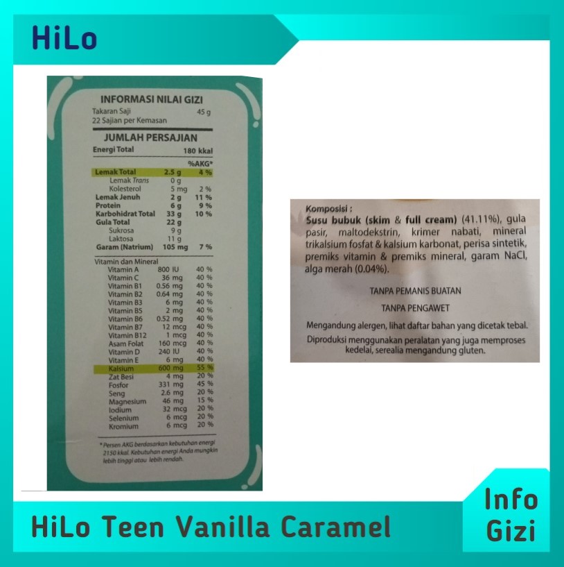 HiLo Teen Protein Vanilla Caramel komposisi nilai gizi