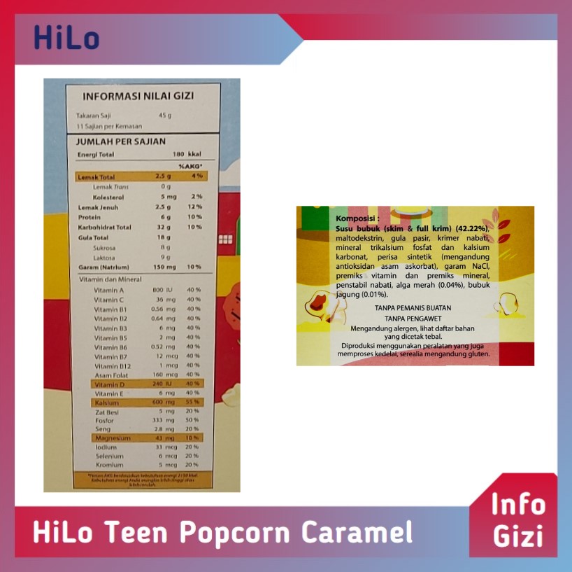 HiLo Teen Popcorn Caramel komposisi nilai gizi