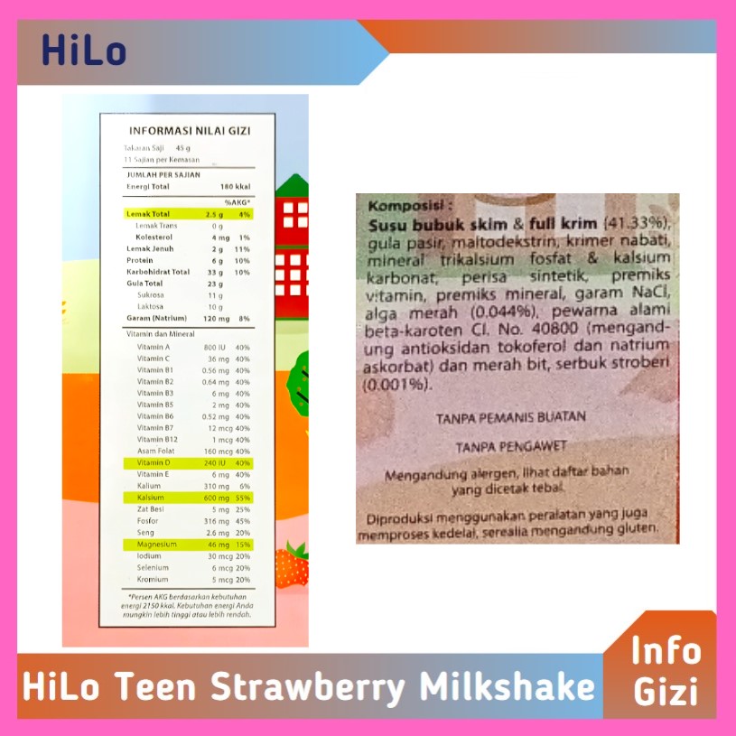 HiLo Teen Strawberry Milkshake komposisi nilai gizi