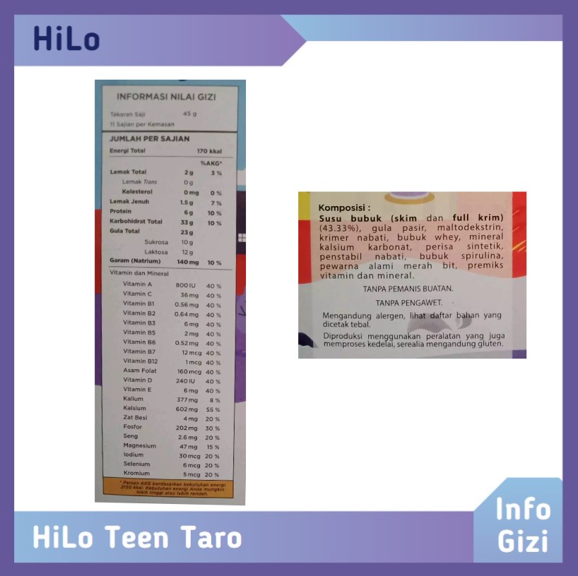 HiLo Teen Taro komposisi nilai gizi