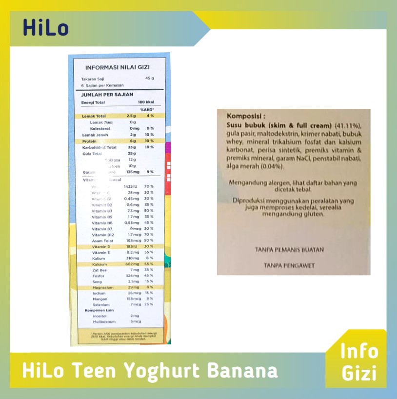 HiLo Teen Yoghurt Banana komposisi nilai gizi