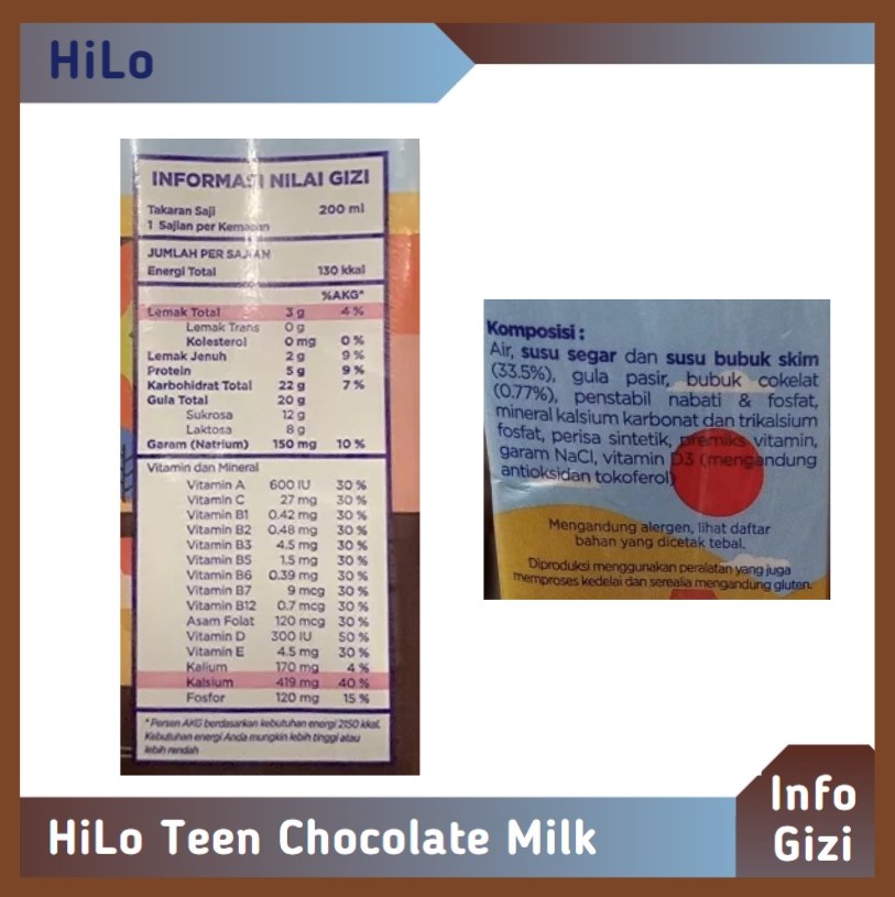 Hilo Teen Susu Cair Chocolate Milk komposisi nilai gizi