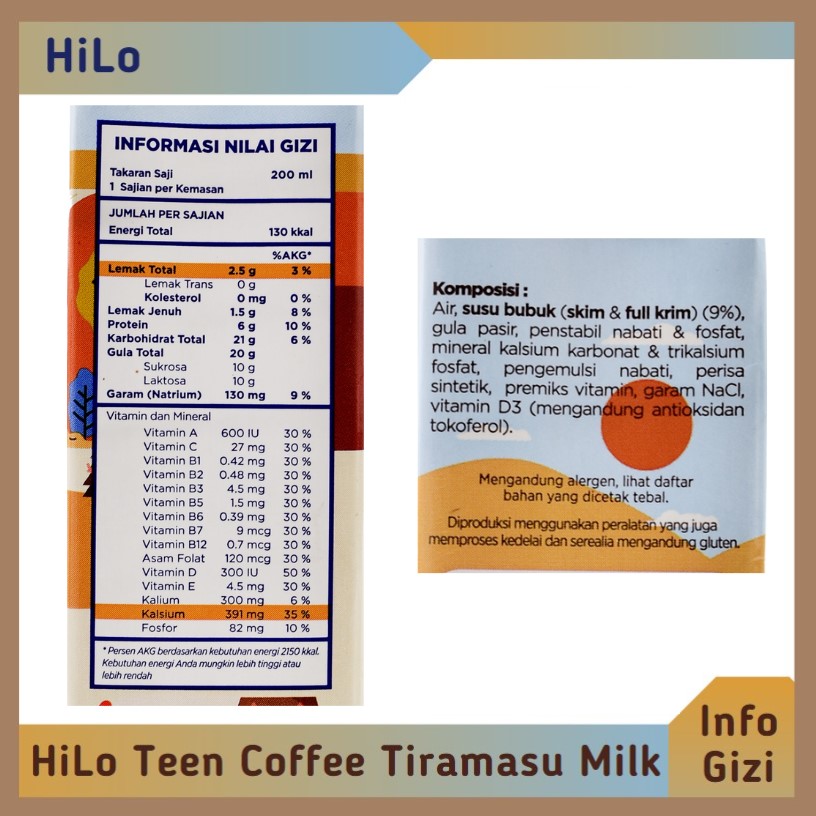 Hilo Teen Susu Cair Coffee Tiramisu Milk komposisi nilai gizi