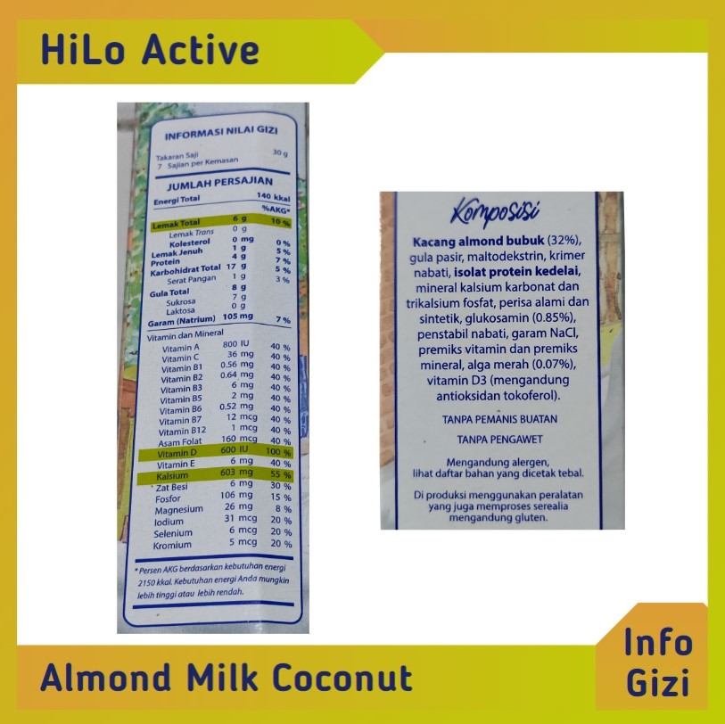 Hilo Active Almond Milk Coconut komposisi nilai gizi