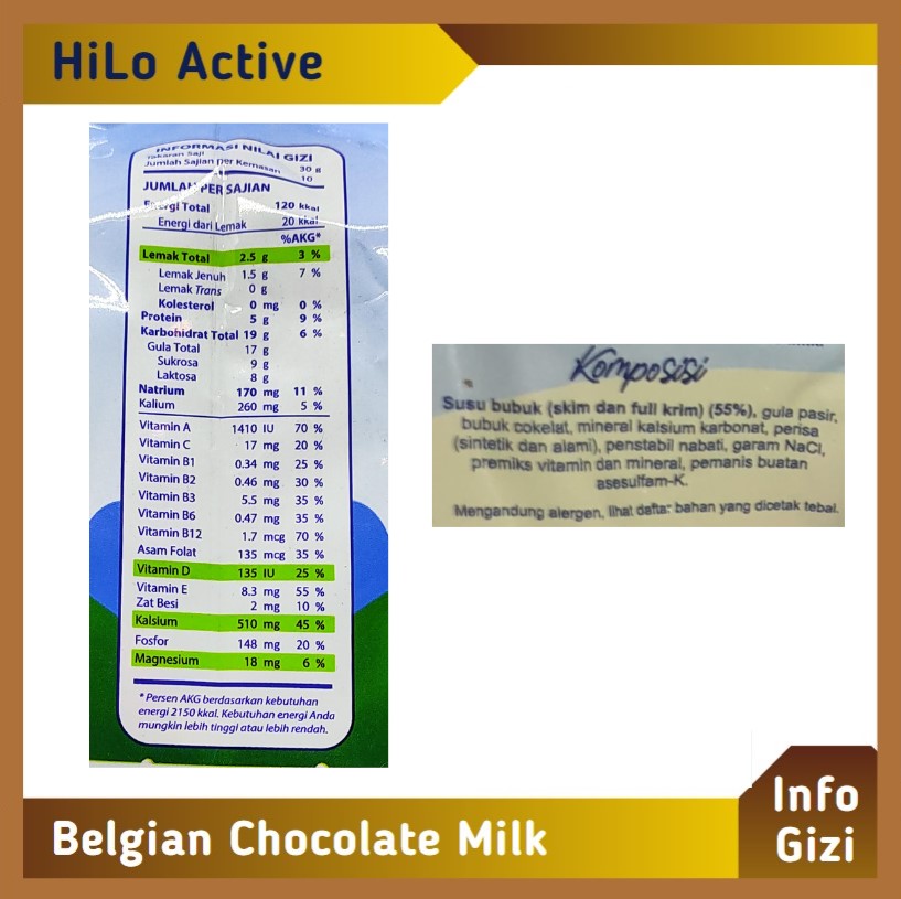 Hilo Active Belgian Chocolate Milk komposisi nilai gizi