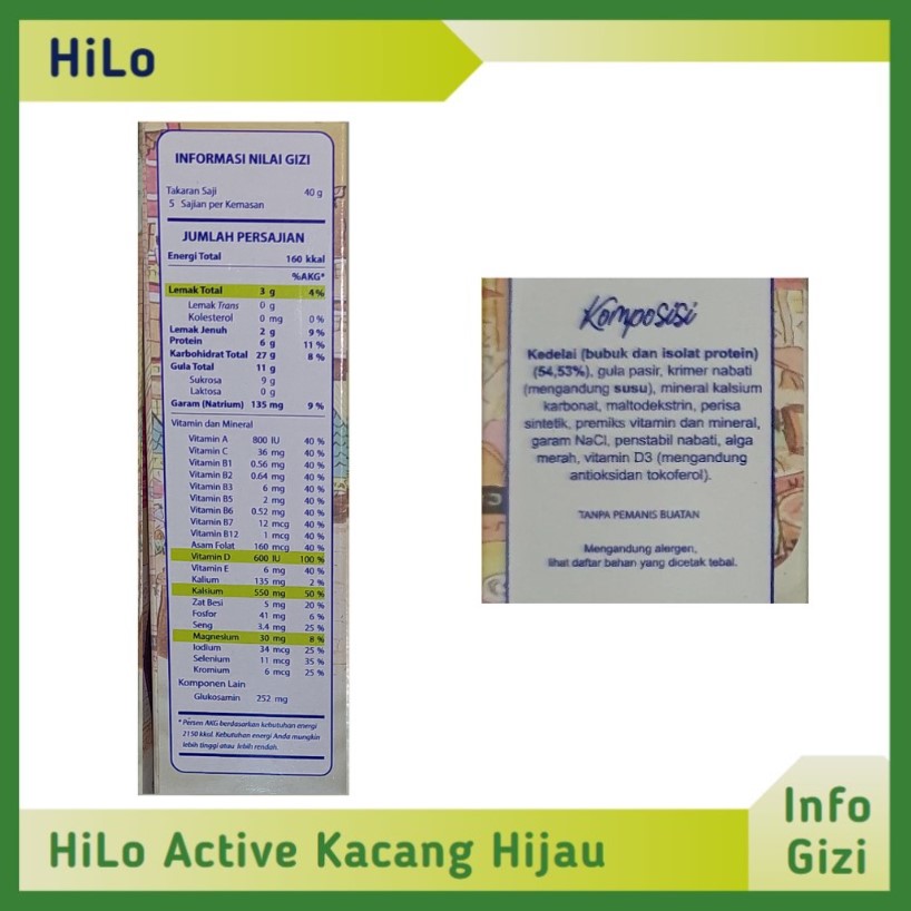 Hilo Active Soy Milk Kacang Hijau komposisi nilai gizi