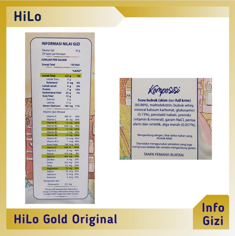 HiLo Gold Original komposisi nilai gizi