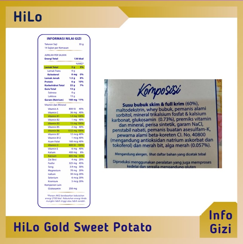 HiLo Gold Sweet Potato komposisi nilai gizi