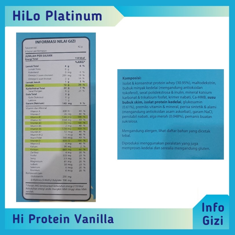 HiLo Platinum Hi Protein Vanilla komposisi nilai gizi