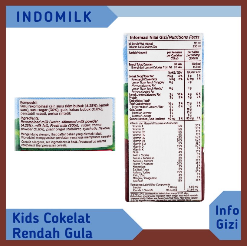 Indomilk Kids Cokelat Rendah Gula komposisi nilai gizi