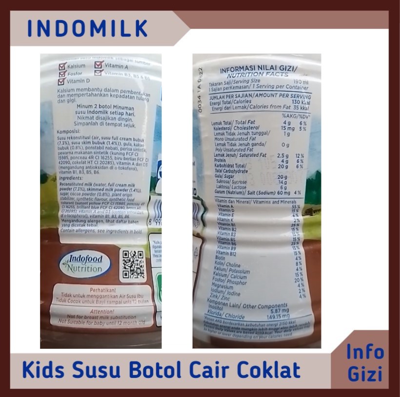 Indomilk Kids Susu Botol Cair Cokelat komposisi nilai gizi