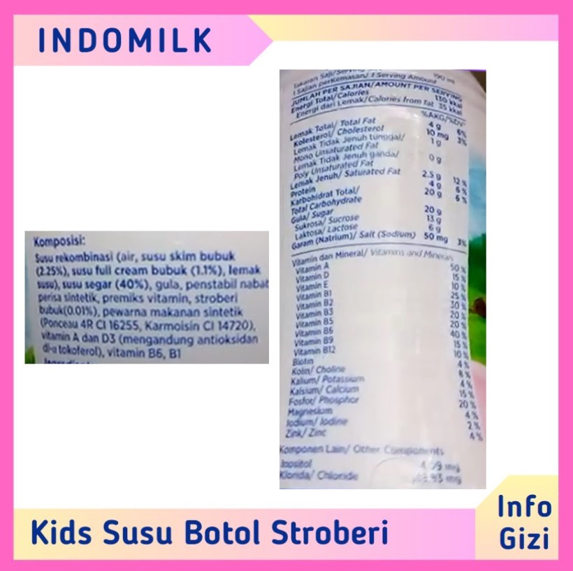 Indomilk Kids Susu Botol Cair Strawberry komposisi nilai gizi