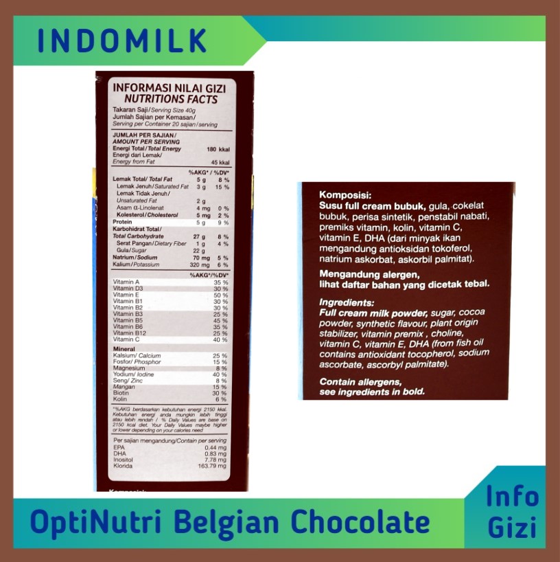 Indomilk Susu Bubuk Belgian Chocolate komposisi nilai gizi
