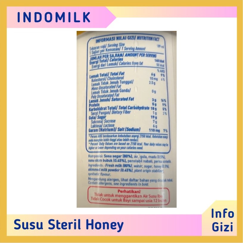Indomilk Susu Steril Honey komposisi nilai gizi