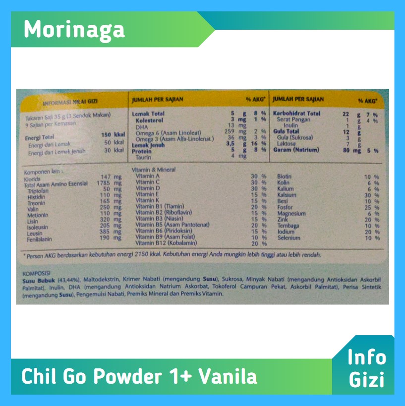 Morinaga Chil Go Powder 1+ Vanila komposisi nilai gizi